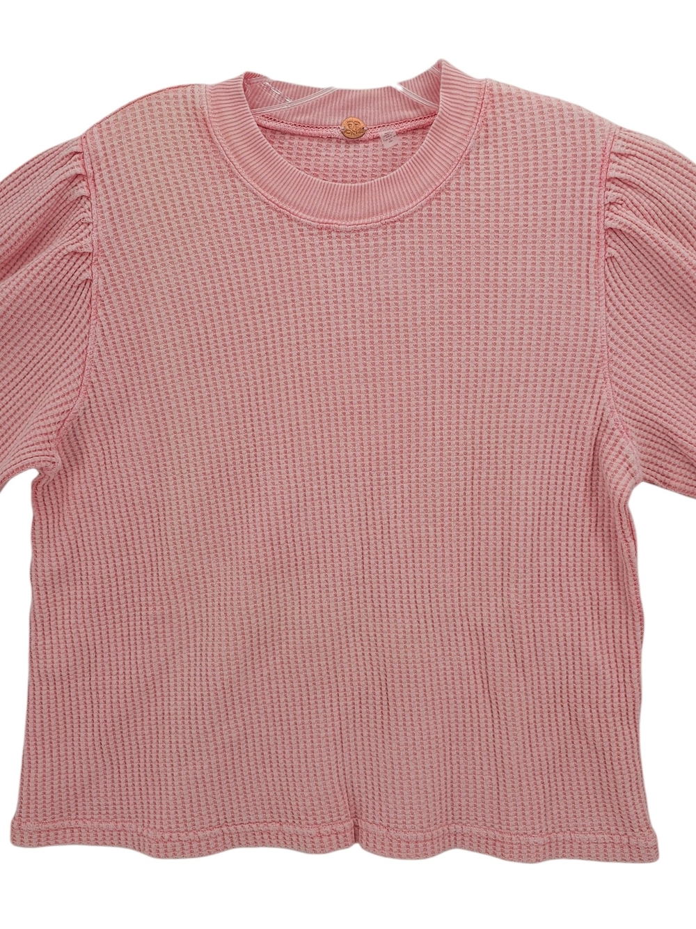 FREE PEOPLE Tasha Thermal Top Waffle Knit Pastel Pink Lace Sleeve XS -SMALL HOLE - Picture 2 of 8